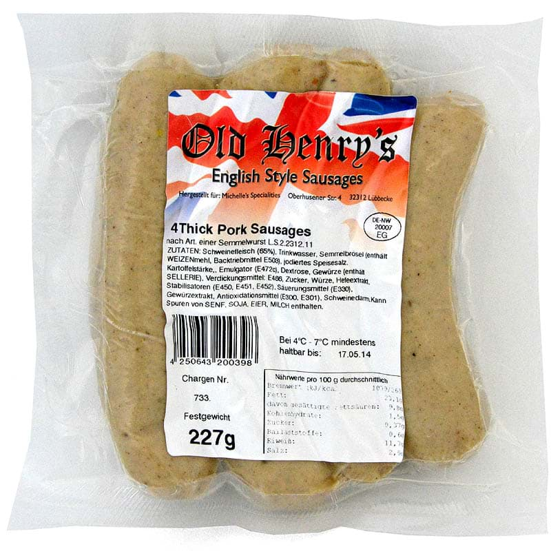 Bild von Old Henry's 4 English Style Sausages 227g