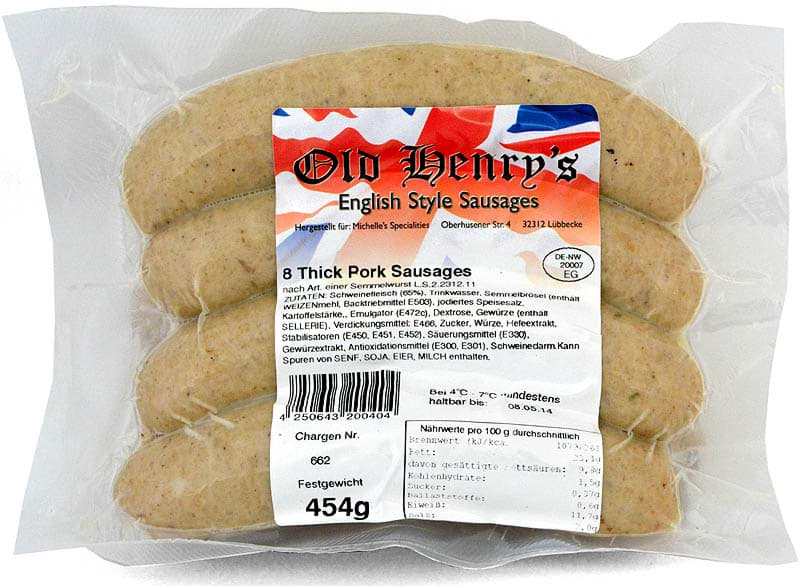 Bild von Old Henry's 8 English Style Sausages 454g