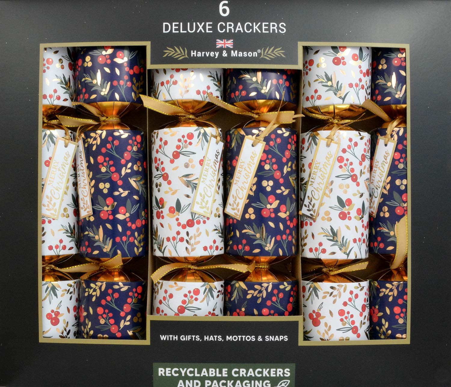 Bild von Harvey & Mason 6 Deluxe Christmas Crackers Navy Foliage