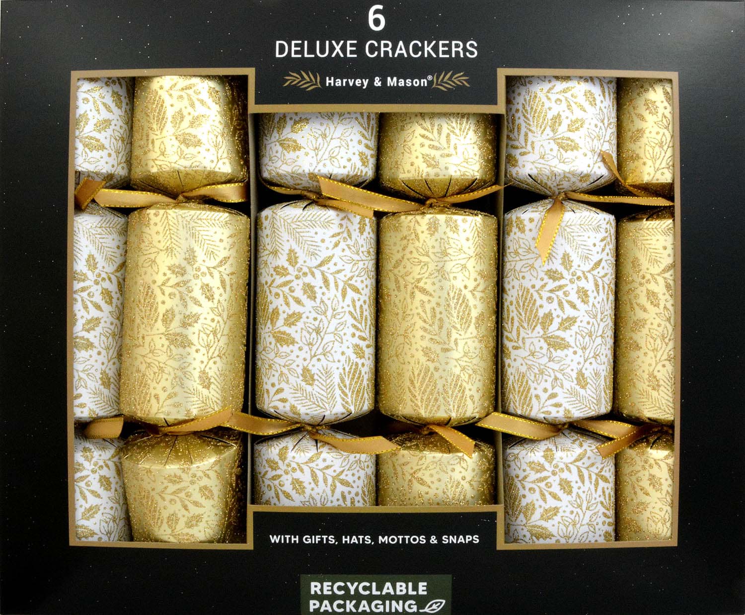 Picture of Harvey & Mason 6 Deluxe Christmas Crackers Glitter Leaf Gold