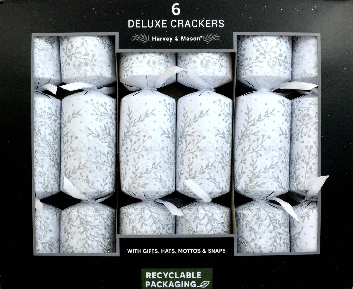 Picture of Harvey & Mason 6 Deluxe Christmas Crackers Winter Glitter Silver