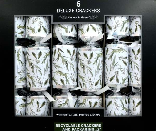 Bild von Harvey & Mason 6 Deluxe Christmas Crackers Winter Leaf Silver