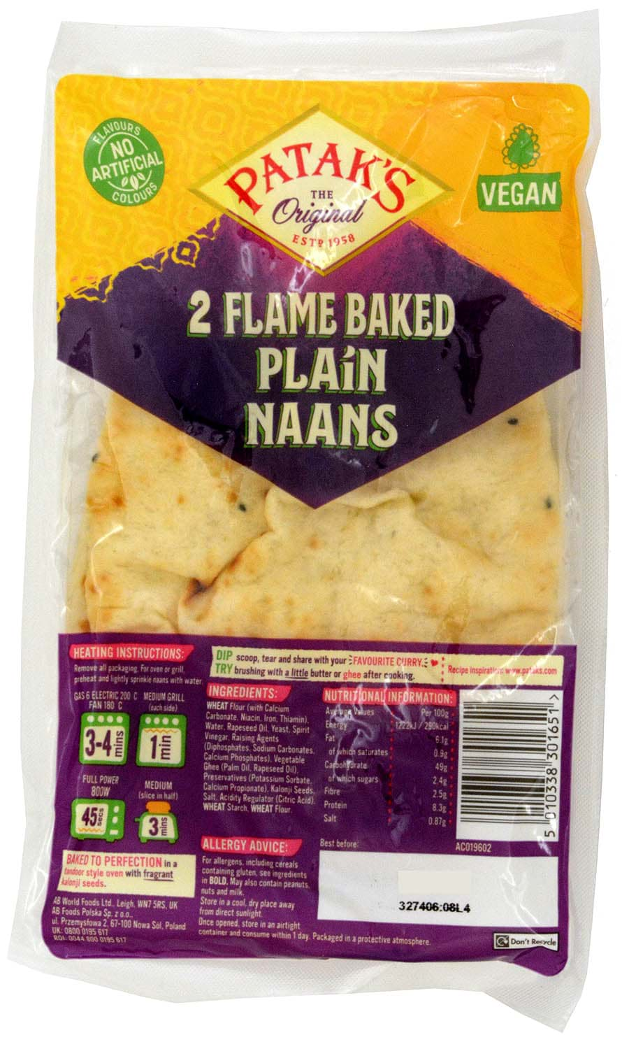 Bild von Pataks 2 Plain Naans - Brotfladen