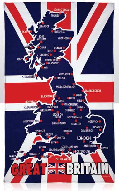 Bild von Geschirrtuch mit Union Jack und GB-Karte