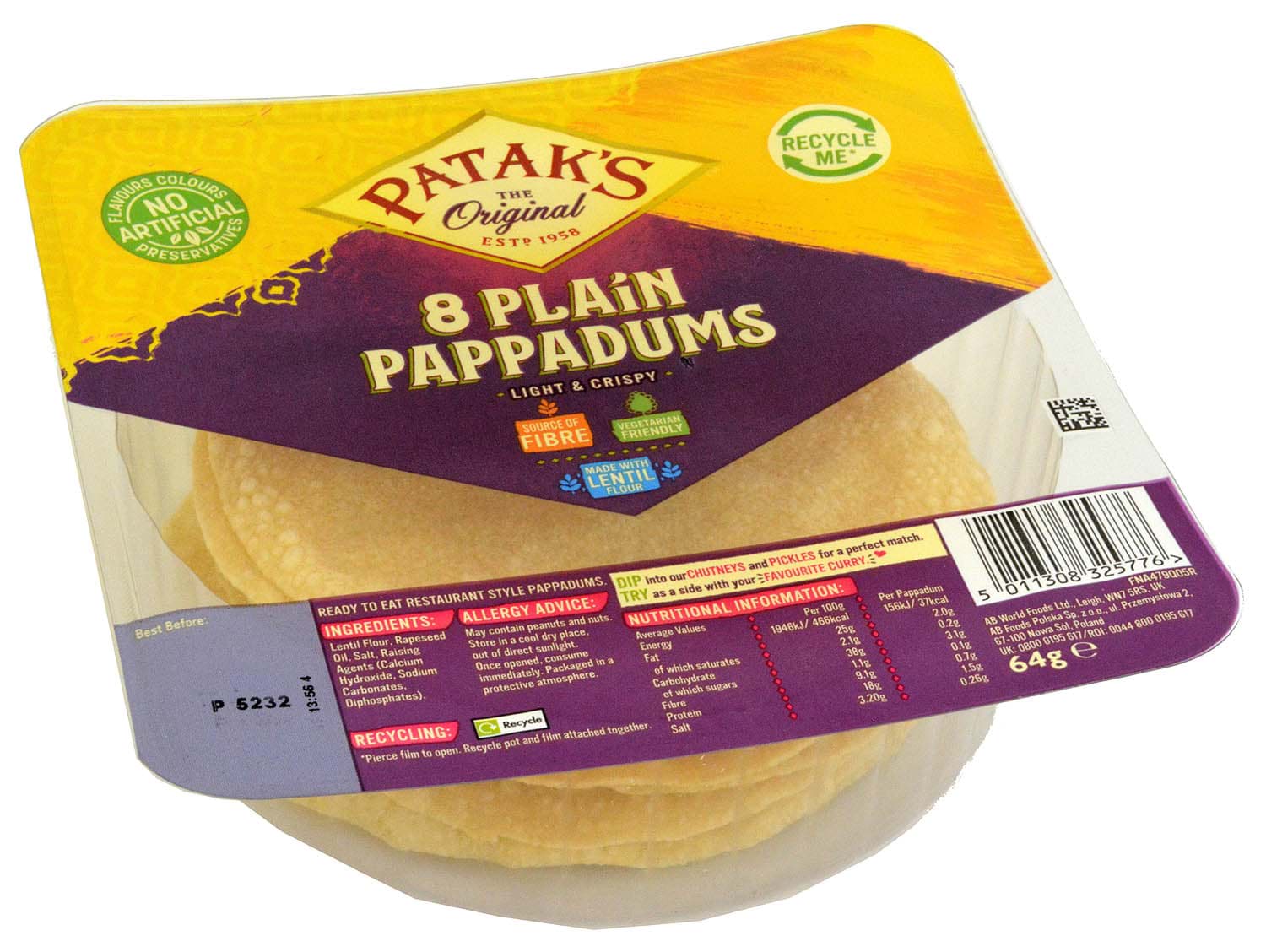 Bild von Pataks Plain Pappadums Poppadoms Ready to Eat 8pcs. 64g