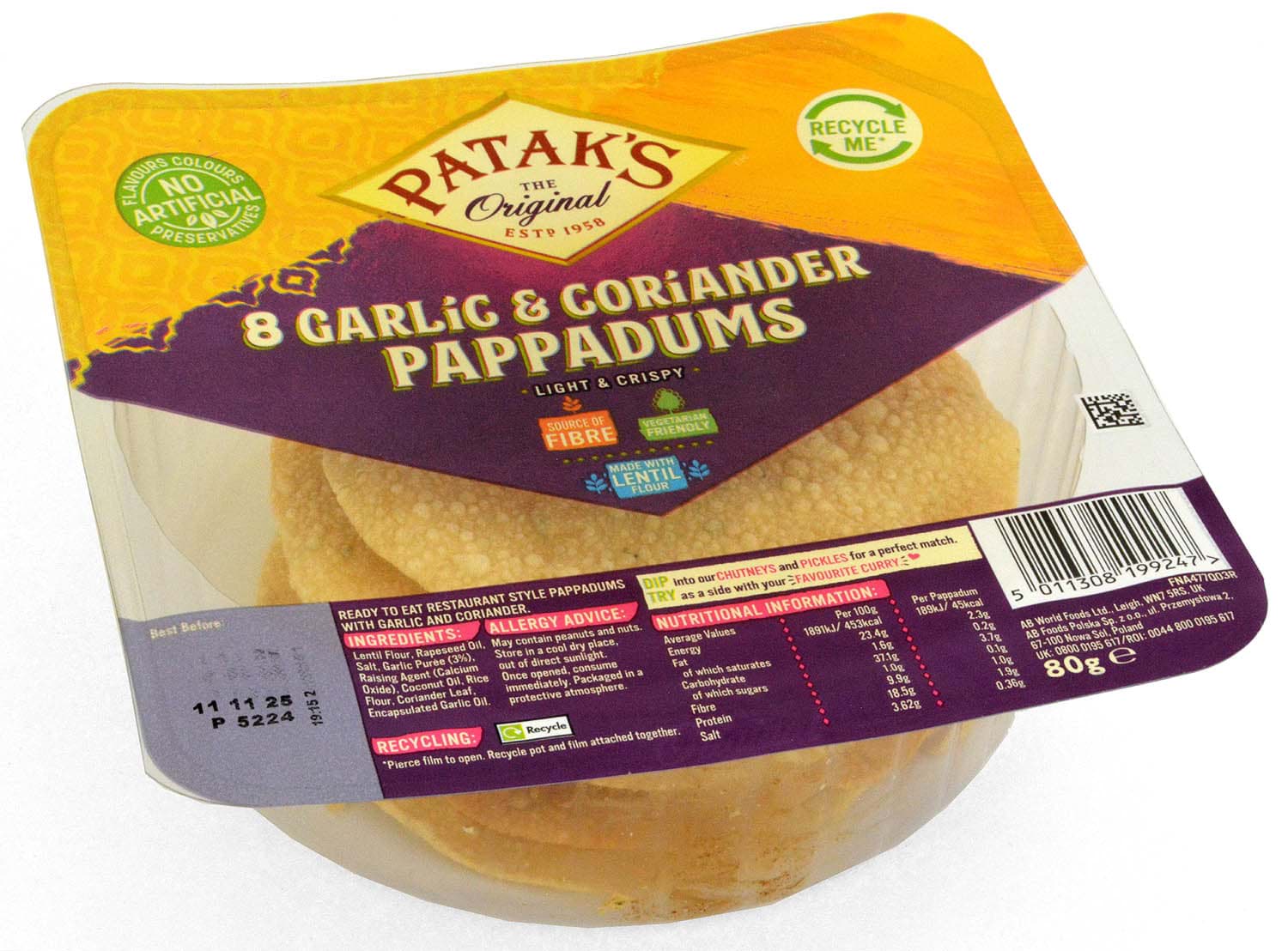 Bild von Pataks Garlic & Coriander Pappadums Ready to Eat 8pcs. 80g