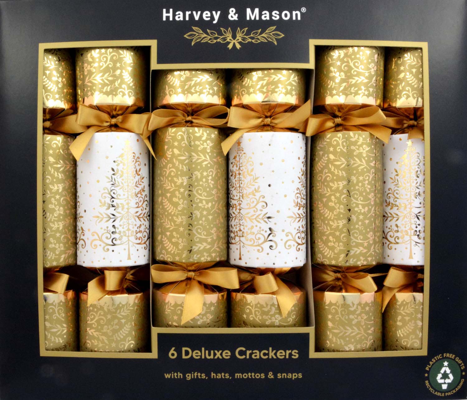 Bild von Harvey & Mason 6 Deluxe Christmas Crackers Glitter Leaf Gold