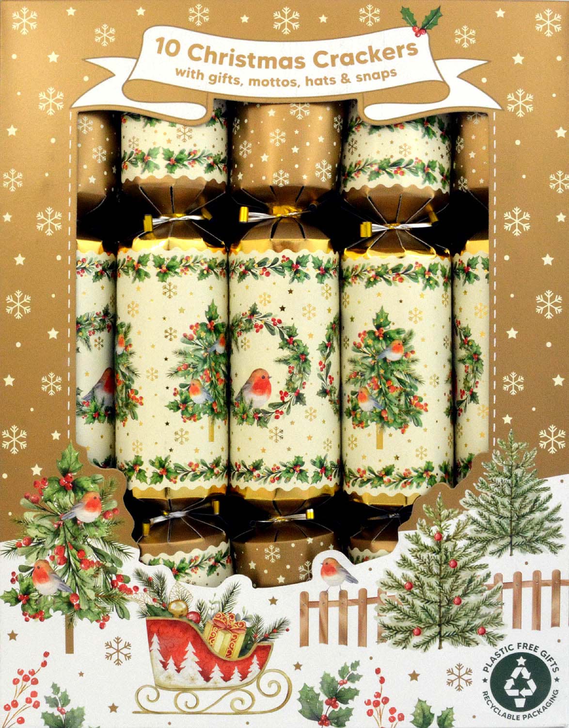 Bild von 10 Family Christmas Crackers Robin & Wreath