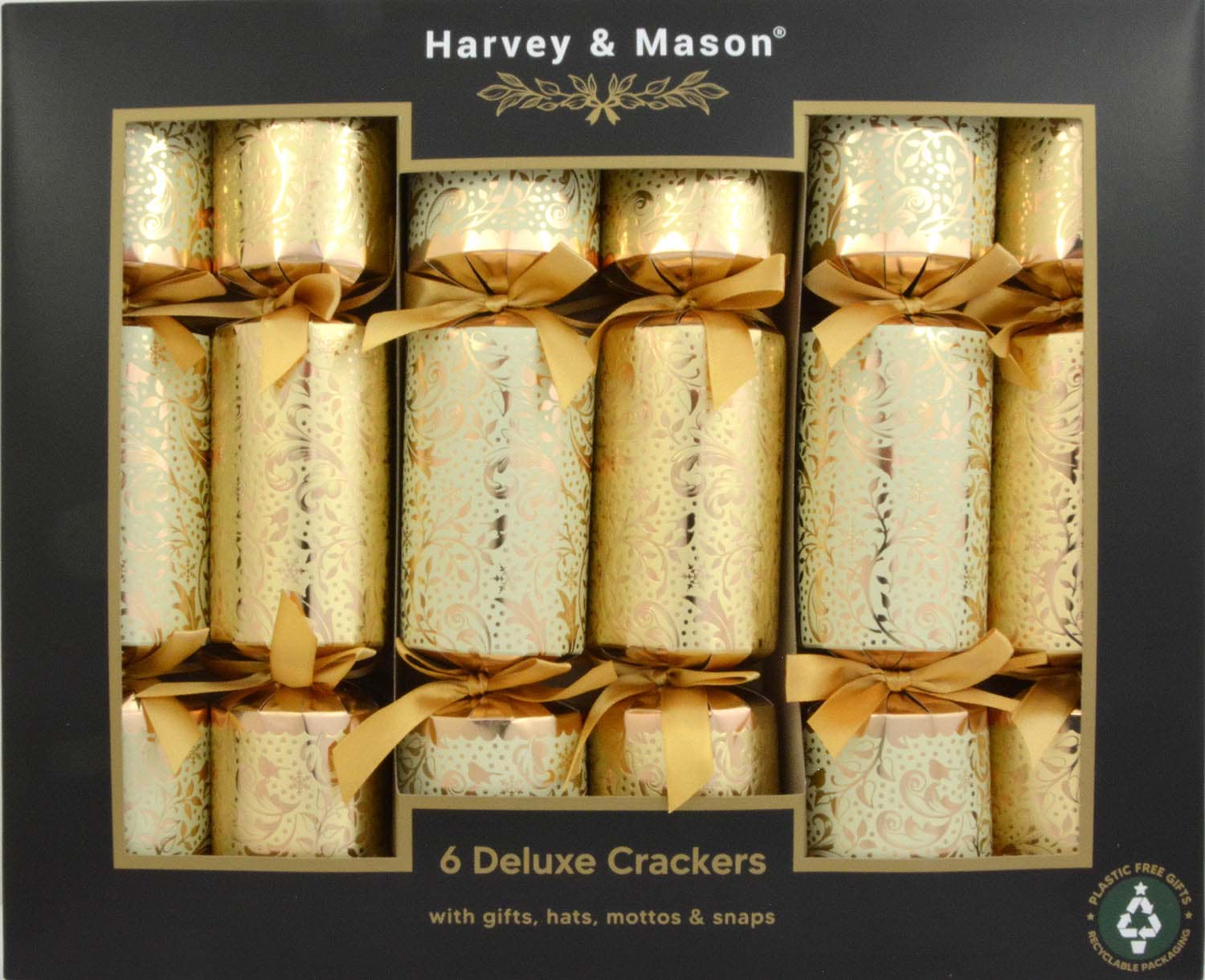 Harvey & Mason 6 Deluxe Christmas Crackers Gold Foliage
