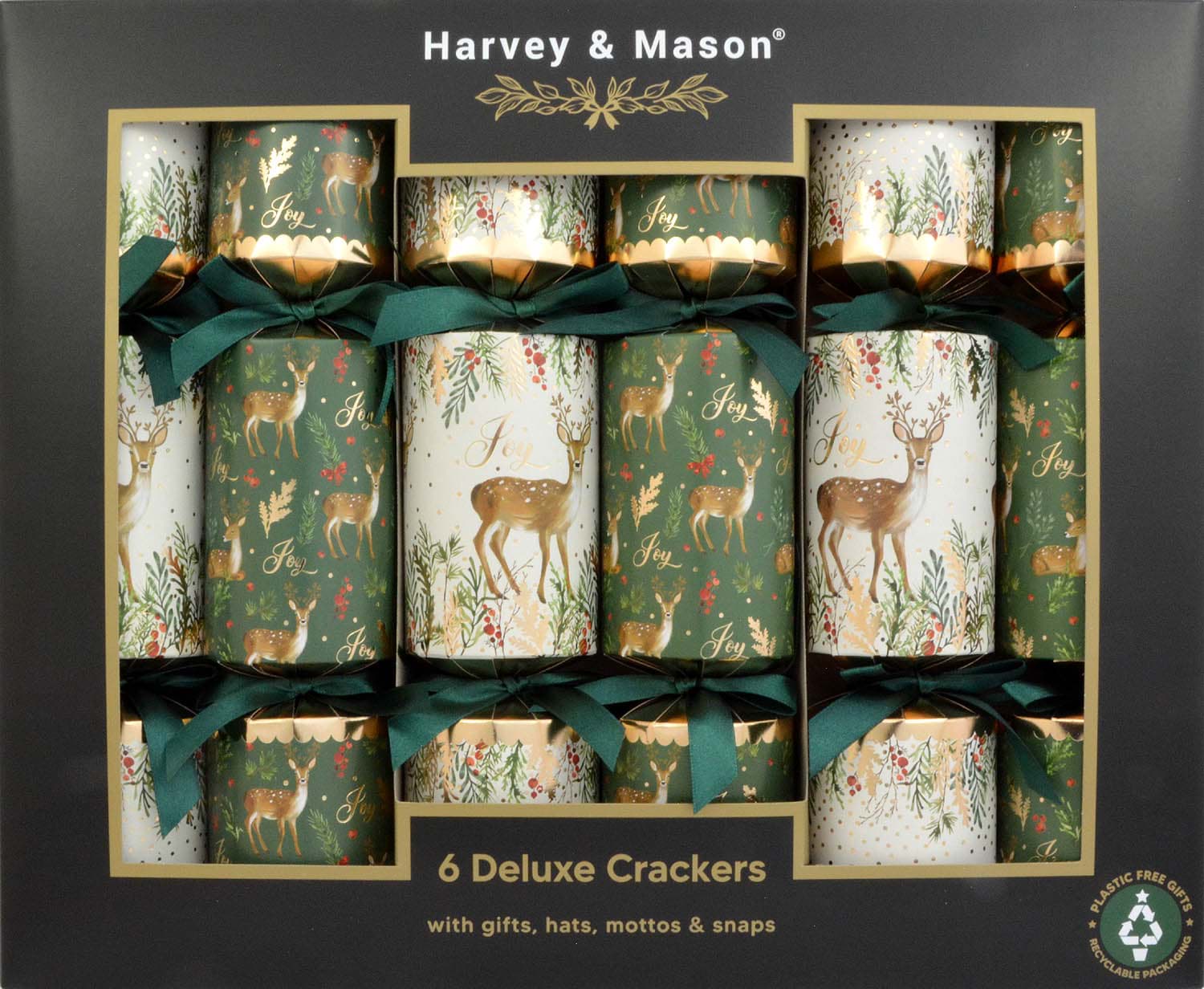 Harvey & Mason 6 Deluxe Christmas Crackers Green Deer