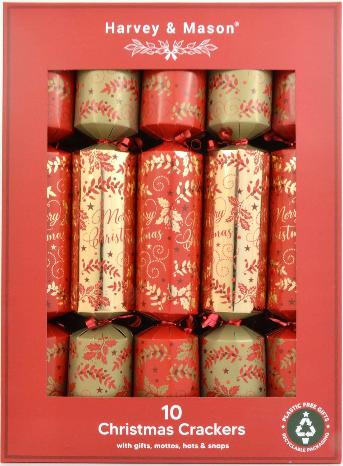 Harvey & Mason 10 Luxury Crackers Red Merry Christmas