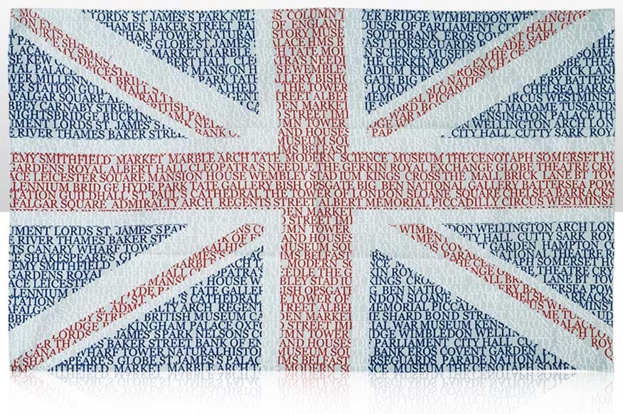 Bild von Geschirrtuch mit Union Jack Typographie